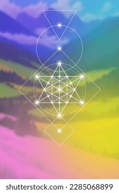 Merkaba. Sacred geometry spiritual new age futuristic illustration with transmutation interlocking circles, triangles and glowing particles