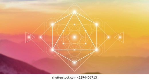 Merkaba. Geometría sagrada nueva era espiritual ilustración futurista con círculos interbloqueantes transmutados, triángulos y partículas brillantes