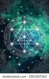 Merkaba. Sacred geometry spiritual new age futuristic illustration with transmutation interlocking circles, triangles and glowing particles in front of cosmic background.