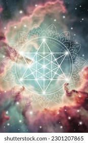 Merkaba. Sacred geometry spiritual new age futuristic illustration with transmutation interlocking circles, triangles and glowing particles in front of cosmic background.