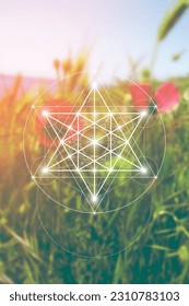 Merkaba. Sacred geometry spiritual new age futuristic illustration with transmutation interlocking circles, triangles and glowing particles
