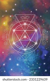 Merkaba. Sacred geometry spiritual new age futuristic illustration with transmutation interlocking circles, triangles and glowing particles in front of cosmic background.