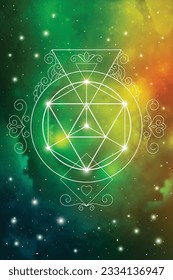 Merkaba. Sacred geometry spiritual new age futuristic illustration with transmutation interlocking circles, triangles and glowing particles in front of cosmic background.