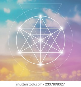 Merkaba. Sacred geometry spiritual new age futuristic illustration with transmutation interlocking circles, triangles and glowing particles