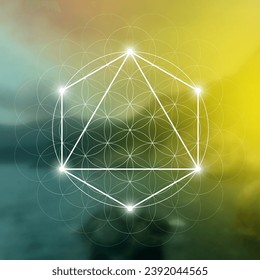 Merkaba. Sacred geometry spiritual new age futuristic illustration with transmutation interlocking circles, triangles and glowing particles