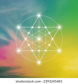 Merkaba. Géométrie sacrée illustration futuriste spirituelle du nouvel âge avec transmutation, cercles interdépendants, triangles et particules éclatantes