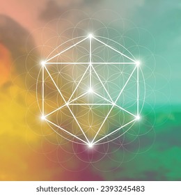 Merkaba. Sacred geometry spiritual new age futuristic illustration with transmutation interlocking circles, triangles and glowing particles