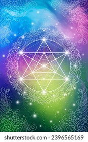Merkaba sacred geometry spiritual new age futuristic illustration with transmutation interlocking circles, triangles and glowing particles in front of cosmic background