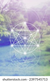 Merkaba. Sacred geometry spiritual new age futuristic illustration with transmutation interlocking circles, triangles and glowing particles