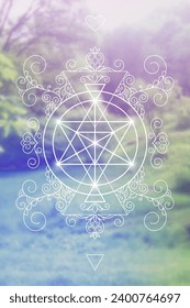 Merkaba. Sacred geometry spiritual new age futuristic illustration with transmutation interlocking circles, triangles and glowing particles