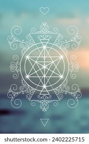 Merkaba. Sacred geometry spiritual new age futuristic illustration with transmutation interlocking circles, triangles and glowing particles