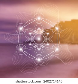 Merkaba. Géométrie sacrée illustration futuriste spirituelle du nouvel âge avec transmutation, cercles interdépendants, triangles et particules éclatantes