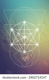 Merkaba. Sacred geometry spiritual new age futuristic illustration with transmutation interlocking circles, triangles and glowing particles