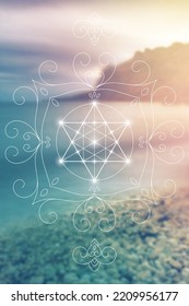 Merkaba. Sacred geometry zentangle inspired design template with oriental tribal ornaments. Ornamental new age art.