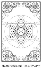 Merkabah in floral frame. Sacred geometry zentangle style illustration. Ornamental line art tarot deck design. Romantic esoteric vector art.