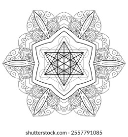 Merkabah  in mandala. Sacred geometry zentangle style illustration. Ornamental line art tarot deck design. Romantic esoteric vector art.