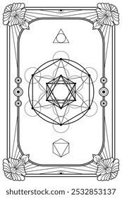 Merkabah sacred geometry art nouveau style illustration. Tarot deck design. Romantic esoteric vector art.