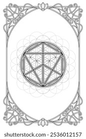 Merkabah sacred geometry art nouveau style illustration. Tarot deck design. Romantic esoteric vector art.