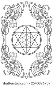 Merkabah sacred geometry art nouveau style illustration. Tarot deck design. Romantic esoteric vector art.