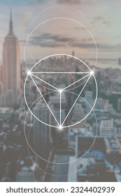 Merkabah. Sacred geometry spiritual new age futuristic illustration with transmutation interlocking circles, triangles and glowing particles. Formula of nature. Science and spirituality concept.