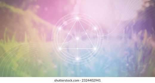 Merkabah. Sacred geometry spiritual new age futuristic illustration with transmutation interlocking circles, triangles and glowing particles. Formula of nature. Science and spirituality concept.