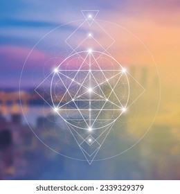 Merkabah. Sacred geometry spiritual new age futuristic illustration with transmutation interlocking circles, triangles and glowing particles