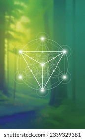 Merkabah. Sacred geometry spiritual new age futuristic illustration with transmutation interlocking circles, triangles and glowing particles