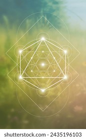 Merkabah. Sacred geometry spiritual new age futuristic illustration with interlocking circles, triangles and particles.