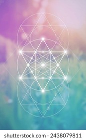 Merkabah. Sacred geometry spiritual new age futuristic illustration with interlocking circles, triangles and particles.