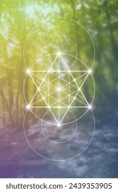 Merkabah. Sacred geometry spiritual new age futuristic illustration with interlocking circles, triangles and particles.