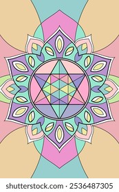 Merkabah geometría sagrada Ilustración vectorial de vitrales. Diseño de la cubierta del tarot. Elementos de energía esotérica en mandala. Vibrante tatuaje de alquimia espiritual con vibraciones islámicas, indias, orientales o árabes.