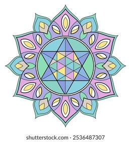 Merkabah geometría sagrada Ilustración vectorial de vitrales. Diseño de la cubierta del tarot. Elementos de energía esotérica en mandala. Vibrante tatuaje de alquimia espiritual con vibraciones islámicas, indias, orientales o árabes.