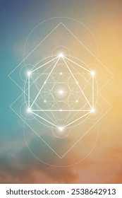 Merkabah ilustração vetorial de geometria sagrada. Elementos de energia esotéricos em design futurista relacionados com tarô, alquimia e astrologia