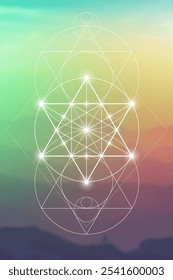 Merkabah ilustração vetorial de geometria sagrada. Elementos de energia esotéricos em design futurista relacionados com tarô, alquimia e astrologia