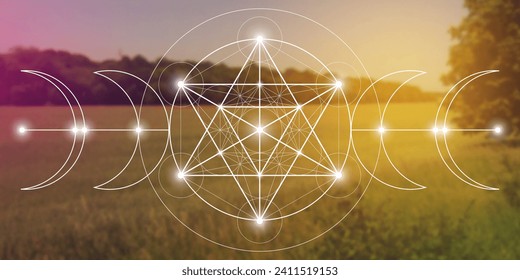 Merkabah in triple moon. Sacred geometry wiccan design. Witchcraft sacred geometry symbol. svg