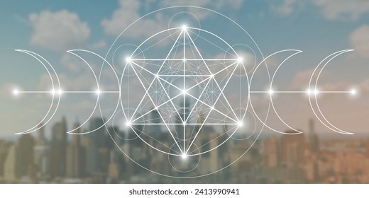 Merkabah en triple luna. Diseño sagrado de la geometría de mimbre. Símbolo sagrado de geometría de brujería.