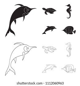 Merlin, turtle and other species.Sea animals set collection icons in black,outline style vector symbol stock illustration web.