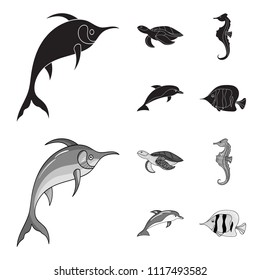 Merlin, turtle and other species.Sea animals set collection icons in black,monochrome style vector symbol stock illustration web.