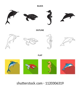 Merlin, turtle and other species.Sea animals set collection icons in black,flat,outline style vector symbol stock illustration web.