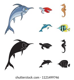 Merlin, turtle and other species.Sea animals set collection icons in cartoon,black style vector symbol stock illustration web.