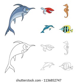 Merlin, turtle and other species.Sea animals set collection icons in cartoon,outline style vector symbol stock illustration web.