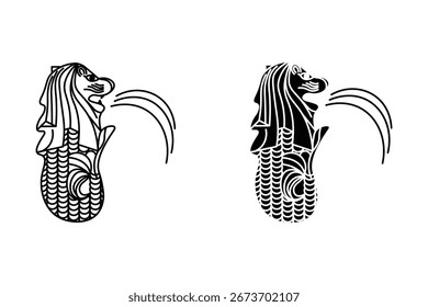 Merlion set. Vector line art illustrations.