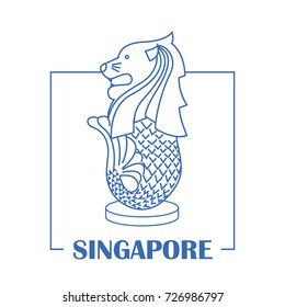 Merlion In Singapore With Line Art Design. Vector Illustration