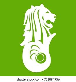 Merlion Statue, Singapore Icon White Isolated On Green Background. Vector Illustration