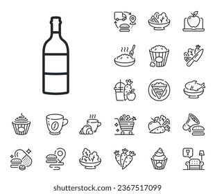 Merlot or Cabernet Sauvignon sign. Crepe, sweet popcorn and salad outline icons. Wine bottle line icon. Wine bottle line sign. Pasta spaghetti, fresh juice icon. Supply chain. Vector
