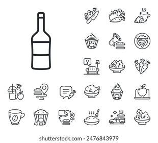 Merlot or Cabernet Sauvignon sign. Crepe, sweet popcorn and salad outline icons. Wine bottle line icon. Wine line sign. Pasta spaghetti, fresh juice icon. Supply chain. Vector