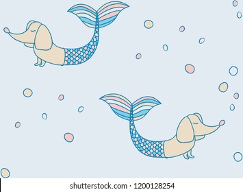 Mermaid. Abstract illustration. Dachshund happy dog illustration. Dachshund dog - isolated vector illustration. Dachshund dog breed. Dachshund set. Baby mermaid. Animal print. For fabric or wallpaper.