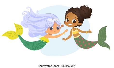 Mermaid African Caucasian Character Friend Nymph. Young Underwater African American Female Cute Mythology Princess Painting. Aquatic Isolated Marine Siren Drawing Flat Cartoon Vector Illustration