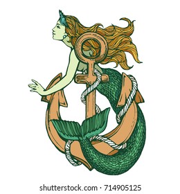 Mermaid with anchor color tattoo hand drawn ink sketch stock vector illustration