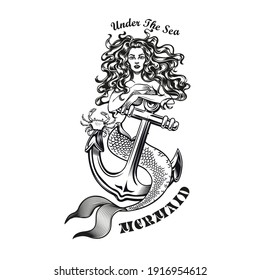 Mermaid with anchor tattoo design. Monochrome element with girl with fishtail vector illustration with text. Sea or sailing concept for symbols and labels templates